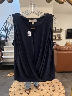 Michael Kors Navy Sleeveless Twist-Front Blouse with Gold Accent